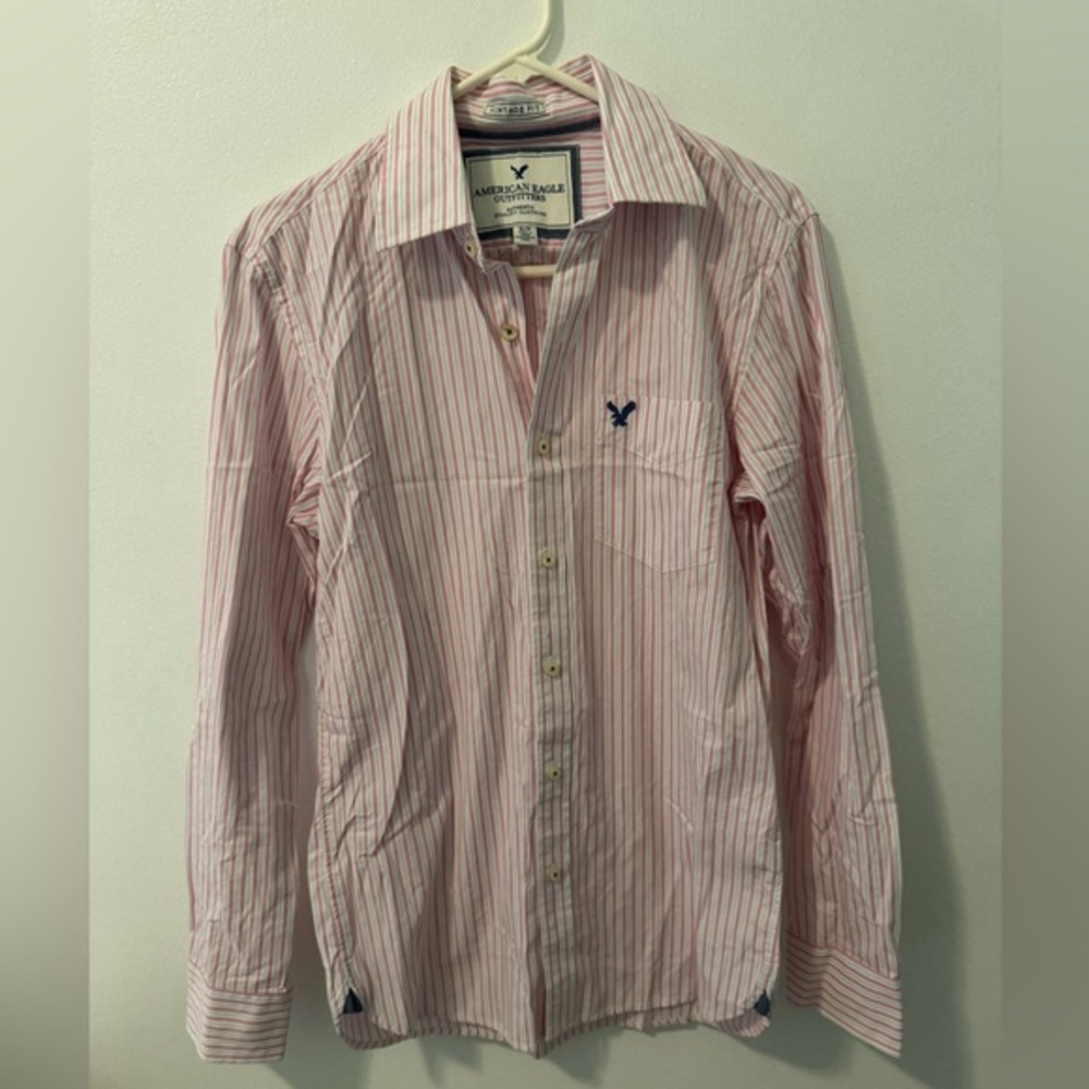 American Eagle Outfitters Men's Pink and White Striped Shirt, Size S